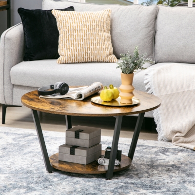 HOMCOM 2-Tier Round Coffee Table with Storage Shelf, Industrial Center Table with Steel Frame for Living Room, Rustic Brown