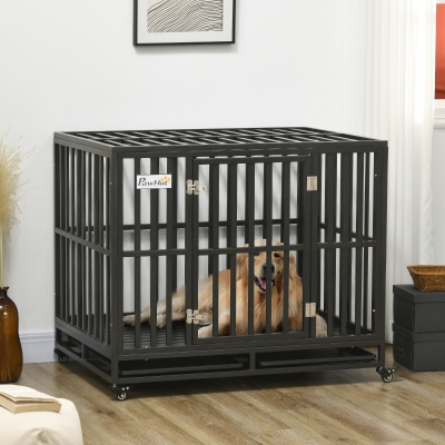 PawHut 41" Heavy Duty Steel Dog Crate Kennel Pet Cage with Wheels for Convenient Access Anti-Pinching Floor, Black