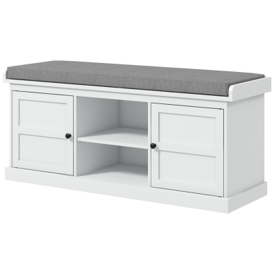 HOMCOM Shoe Storage Bench with Cushioned Seat, Entryway Bench Seat with 2 Cabinets and Adjustable Shelf for Hallway, White