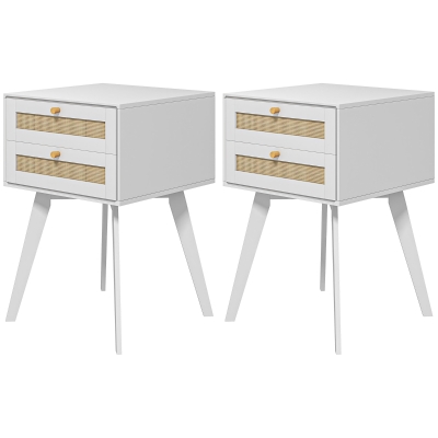 HOMCOM Boho Night Stands Set of 2, Bedside Tables with 2 Rattan Drawers, Square End Tables for Bedroom, Living Room