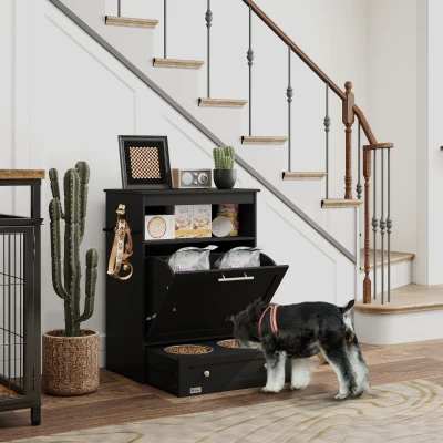 PawHut Pet Feeder Station, Dog Food Storage Cabinet, Black