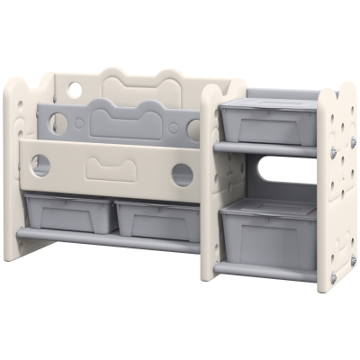 Qaba Toy Storage Organizer with 4 Storage Boxes, Bookshelves, for Nursery, Kids Room, Playroom, Cream White