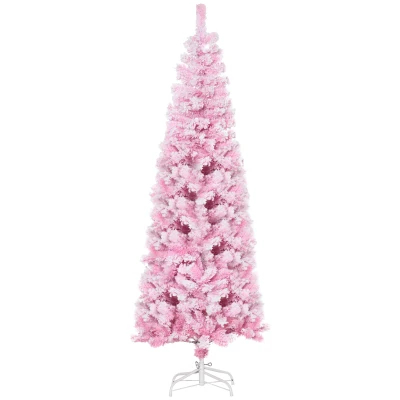 HOMCOM 6 FT Snow Flocked Artificial Christmas Tree, Pencil Xmas Tree with Realistic Branches, Auto Open and Steel Base, Pink