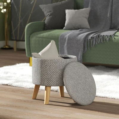 HOMCOM Round Storage Ottoman Stool, Linen Upholstered, Light Gray