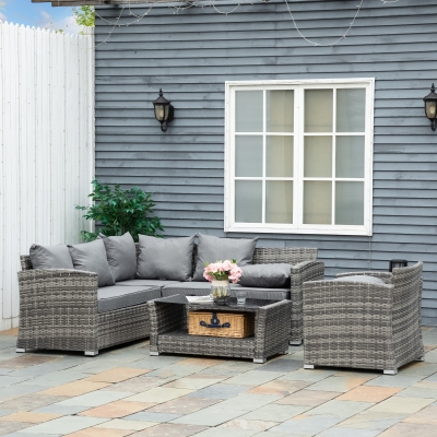 Outsunny 5 Pieces Wicker Patio Furniture Set with 4" Thick Cushions, Outdoor PE Rattan Garden Conversation Sectional Sofa Set with Glass Top Two-tier Coffee Table, Grey