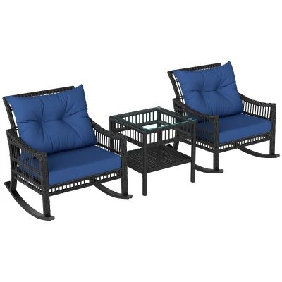 Outsunny 3 Pieces Outdoor PE Rattan Rocker Chair Set, Rocking Chair with Tempered Glass Table Top, 25"x26"x28", Dark Blue