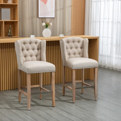 HOMCOM 27" Counter-Height Upholstered Bar Stools, Tufted, Beige