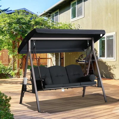 Outsunny 3-Seat Patio Swing Chair, Adjustable Canopy, Black