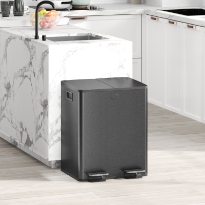 HOMCOM Dual Garbage Bin, Soft-Close Trash Can with Foot Pedal, 2 x 20 Liter Garbage Can with Removable Inner Buckets, Black