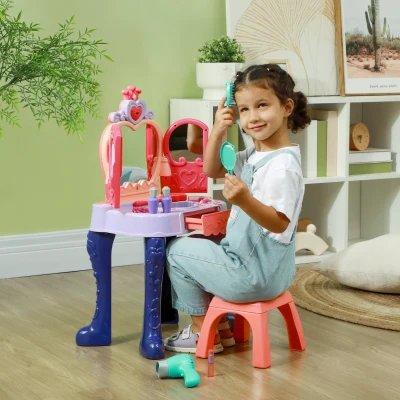Qaba Kids Vanity Set with Mirror, Stool, Music & 20 Accessories