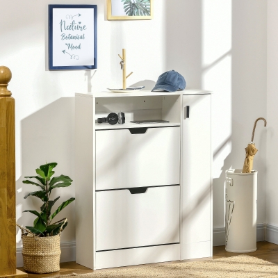 HOMCOM Modern Shoe Cabinet, 12 Pairs Shoe Storage Cabinet with 2 Flip Drawers, Adjustable Shelves, Open Shelf and Compartment for Umbrella, Hallway Entryway, White