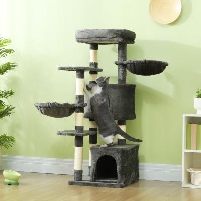 PawHut 52.5" Cat Tree Tower with Scratching Posts, Cat Condos, Bed, Platforms, Hammocks, for Indoor Cats, Dark Grey