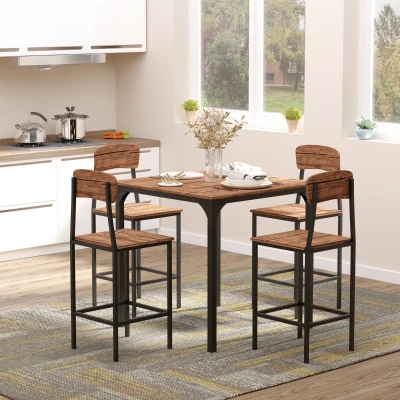 HOMCOM Counter-Height Bar Table Set for 4 with Footrest, Walnut