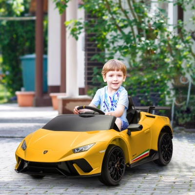 Qaba 12V Lamborghini Huracan Licensed Kids Electric Car with Remote Control, Spring Suspension, Transport Wheels, Yellow