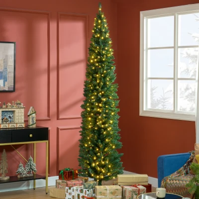 HOMCOM 8ft Slim Pencil Christmas Tree with LED Lights, Green