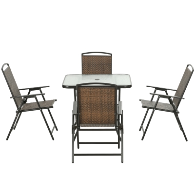 Outsunny 5 Pieces Folding Rattan Patio Table and Chairs for 4 with Umbrella Hole, Tempered Glass Top, Dark Brown