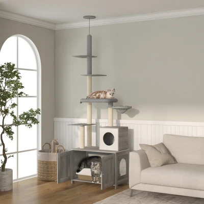 PawHut 2-in-1 Cat Tree with Litter Box Enclosure, Gray
