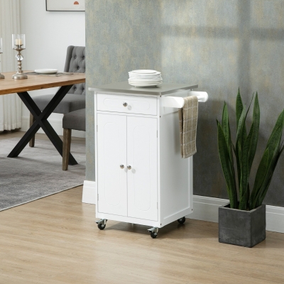 HOMCOM Kitchen Cart, Small Kitchen Island, Stainless Steel Top Utility Trolley on Wheels with Storage Drawer for Dining Room, Kitchen (White)