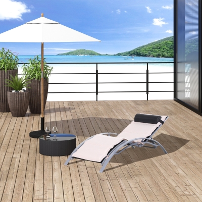 Outsunny Aluminum Patio Tanning Chair with Soft Padded Seat Cushion, Outdoor Lounge Chair with 5-Level Adjustable Backrest & Head Pillow, Beige