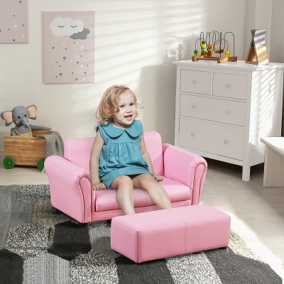 Qaba Kids Sofa Set, Pink with Footstool for Toddlers