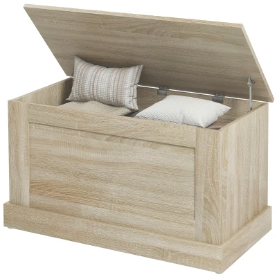 HOMCOM 31.5 Inches Storage Chest, Storage Trunk with Safety Hinge, Wooden Box for Living Room, Natural Wood Grain