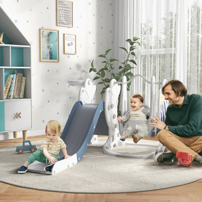 Qaba 3 in 1 Toddler Slides for Kids with Basketball Hoop, Baby Slide and Swing Set Indoor Playground, Space Theme