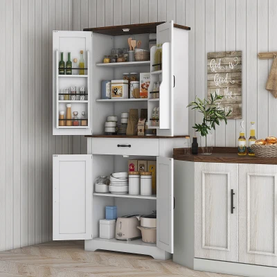HOMCOM 71" Farmhouse Kitchen Pantry Cabinet w/ Barn Doors, White