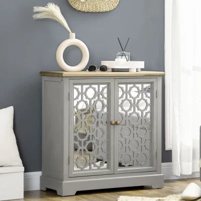 HOMCOM Farmhouse Kitchen Storage Cabinet with Glass Doors, Gray