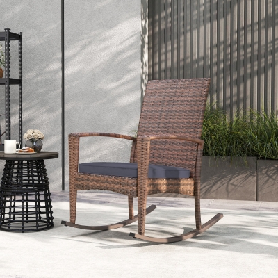 Outsunny Outdoor PE Rattan Rocking Chair, Garden Glider Rocking Chair, Wicker Patio Chair Set with Armrest and Cushion, Dark Blue