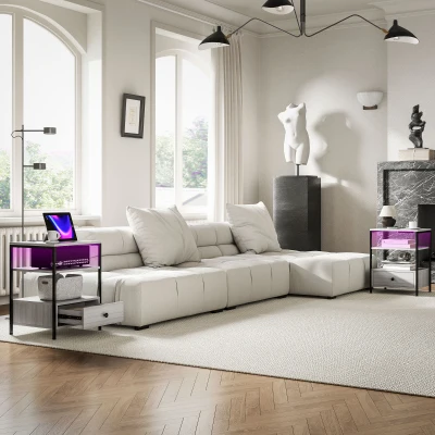 HOMCOM Set of 2 Side Tables with Charging Stations & LED, Gray
