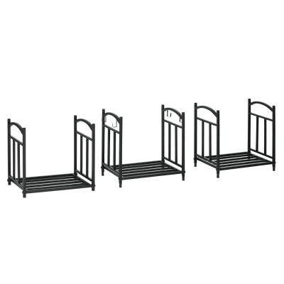 Outsunny 3-Tier Firewood Rack Heavy Duty Wood Storage Log Stacking Shelf with Hanging Hooks, Outdoor Indoor Use, Black