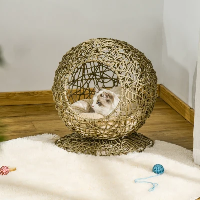 PawHut Rattan Elevated Cat Bed with Soft Cushion, Brown
