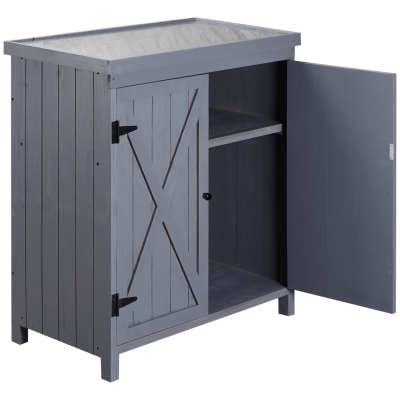 Outsunny Garden Storage Cabinet, Outdoor Tool Shed with Galvanized Top and Two Shelves for Yard Tools or Pool Accessories, Grey