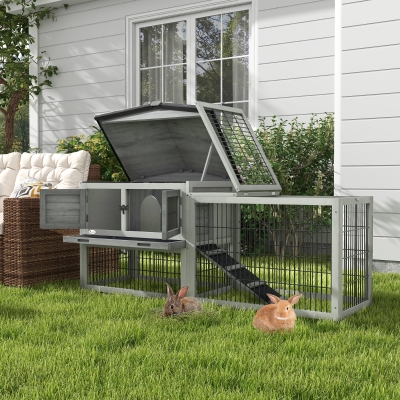 PawHut Wood Rabbit Hutch w/ Ramp, Openable Roof, Pull-out Tray, Light Grey