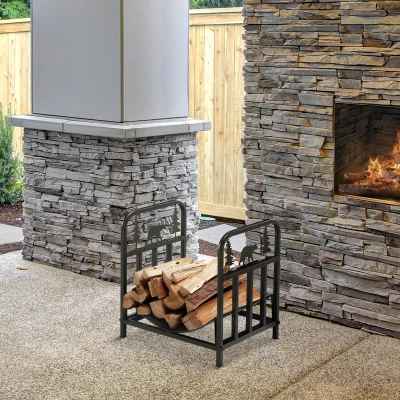 Outsunny Firewood Rack, Curved Bear Theme Holder for Indoor/Outdoor, Black