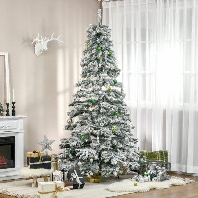 HOMCOM 7.5ft Artificial Snow Flocked Christmas Tree Xmas Tree Holiday Home Indoor Decoration for Party with Foldable Feet, Green
