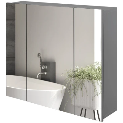 kleankin 28" x 24" Wall Mounted Mirror Cabinet, Bathroom Medicine Cabinet with Mirror, 3 Doors and Adjustable Shelves, Grey