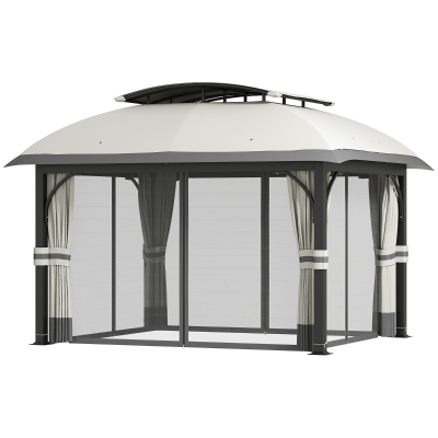 Outsunny 11' x 13' Patio Gazebo, Double Roof Outdoor Gazebo Canopy with Netting & Curtains, Galvanized Metal Frame, Light Grey