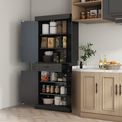 HOMCOM 71" Freestanding Kitchen Pantry with 4 Doors and 2 Cabinets, Tall Storage Cabinet for Kitchen, Distressed Black