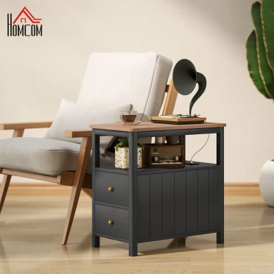 HOMCOM Black Side Table with Charging Station, Drawers & Shelf