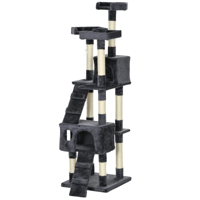 PawHut 68-inch Multi-Level Cat Scratching Tree Kitty Activity Center Post Tower Condo Pet Furniture w/ Toy Charcoal Grey