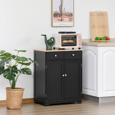 HOMCOM Kitchen Storage Cabinet, Black, Solid Wood Top, 2 Drawers