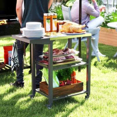 Outsunny Outdoor Grill Cart w/ Foldable Side Table, 3-Tier Pizza Oven Stand w/ Stainless Steel Tabletop, Hooks, Wheels