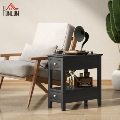 HOMCOM Small Side Table with Charging Station, USB Ports, Modern End Table with Storage Shelf, Drawers, Black
