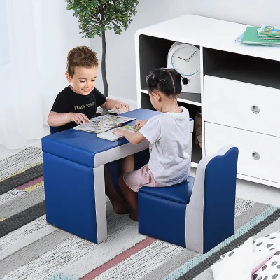 Qaba Kids Sofa Set 2-in-1 Blue Couch with Storage Box