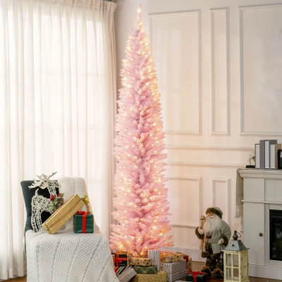 HOMCOM 8ft Slim Pink Pencil Christmas Tree with LED Lights