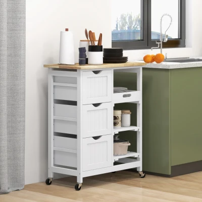HOMCOM Rolling Kitchen Cart with Wood Top, Shelves & Drawers, White