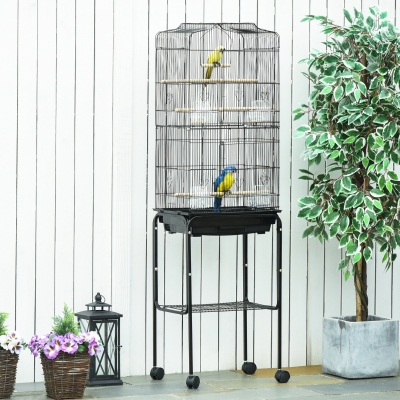 PawHut 62" Rolling Bird Cage Cockatoo House Play Top Finch Pet Supply with Storage Shelf, Wheels - Black