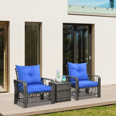 Outsunny 3 Pieces Wicker Patio Furniture Set, Rattan Bistro Set with Storage Coffee Table and Thickened Cushions, Outdoor Conversation Set for Garden, Porch, Balcony, Blue