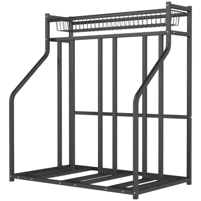 Soozier 3 Bicycle Bike Stand, Metal Floor Bike Storage Rack with Basket, Hooks, Indoor Outdoor Bicycle Stand, Black